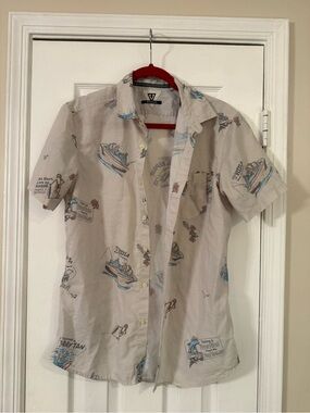 VISSLA Beige Short-Sleeve Button-Down with Fishing Print